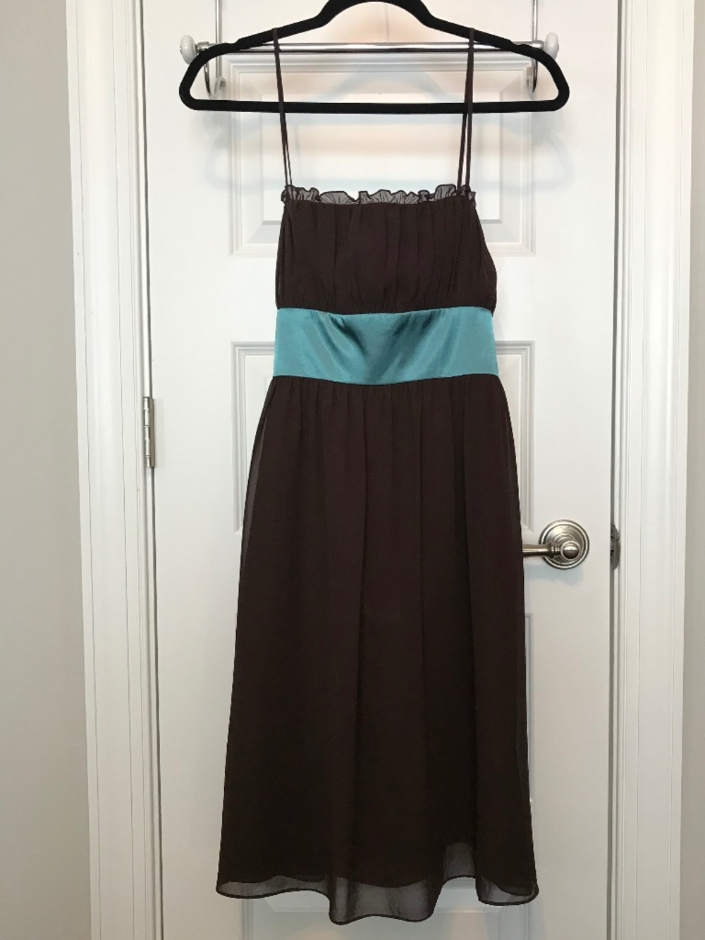 NWT Jones Wear brown & teal spaghetti strap pleated cocktail dress with bow (8)